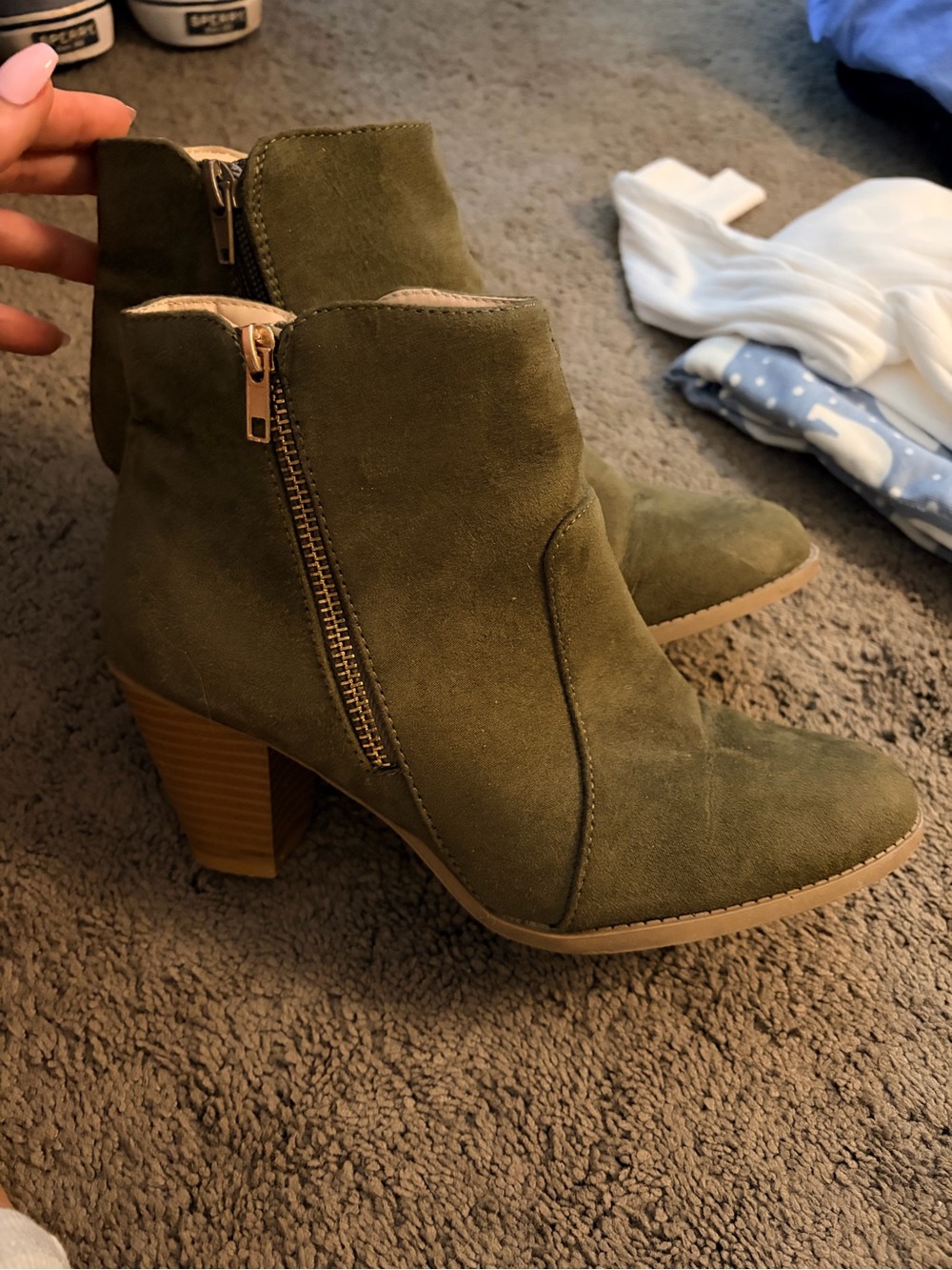 Women's Olive Green Suede Ankle Booties with Block Heel